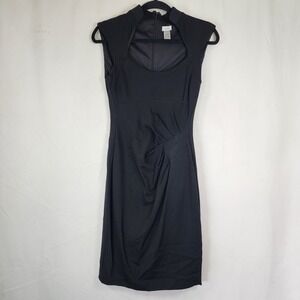 Cache Women's Black Round Neck Pleated Sleeveless Pencil Dress Sz 4Classic